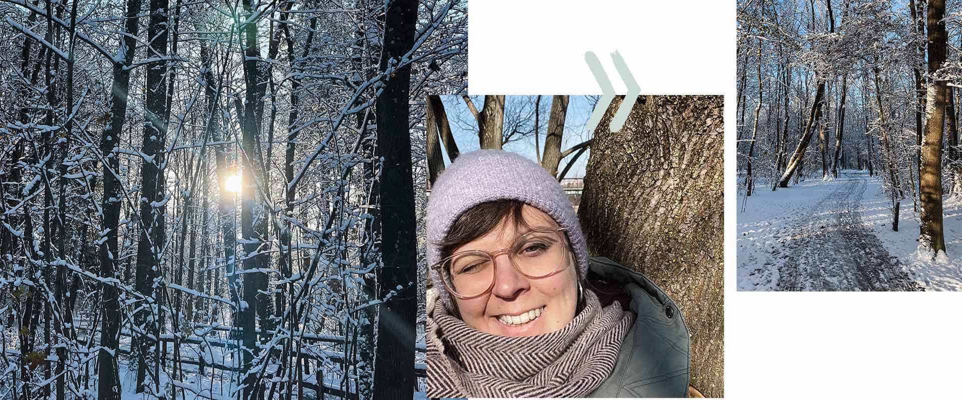 Winter-Waldbaden Stimmungsbilder mit Schnee, Sonnenschein und Daniela von NATURHALT