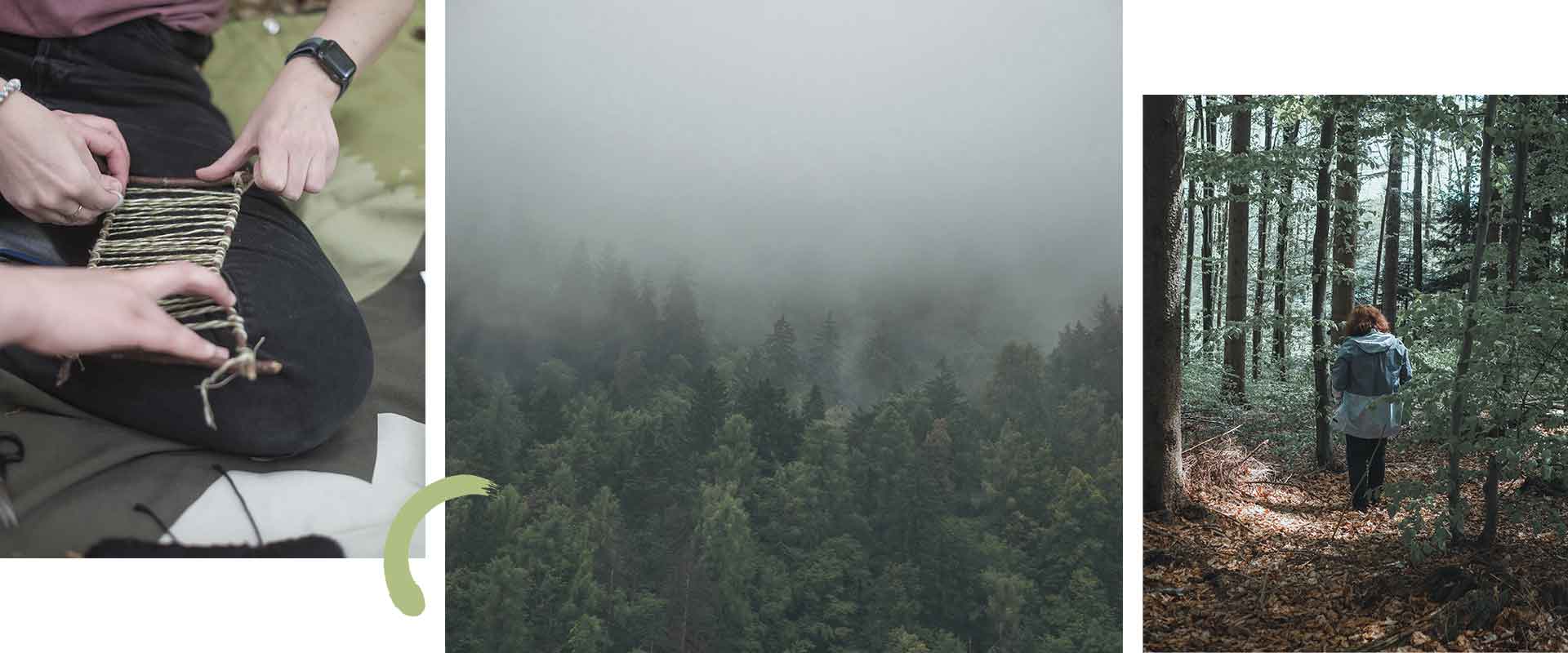 Tages-Retreat "Waldzauber – Ein Tag für dich" im November 2024. Stimmungsbilder: Kreatives Arbeiten im Wald, nebeliger Wald und eine Frau die im Wald geht